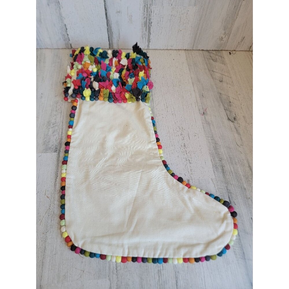 Crate Barrel large white Stocking rainbow‎ pom pom unique